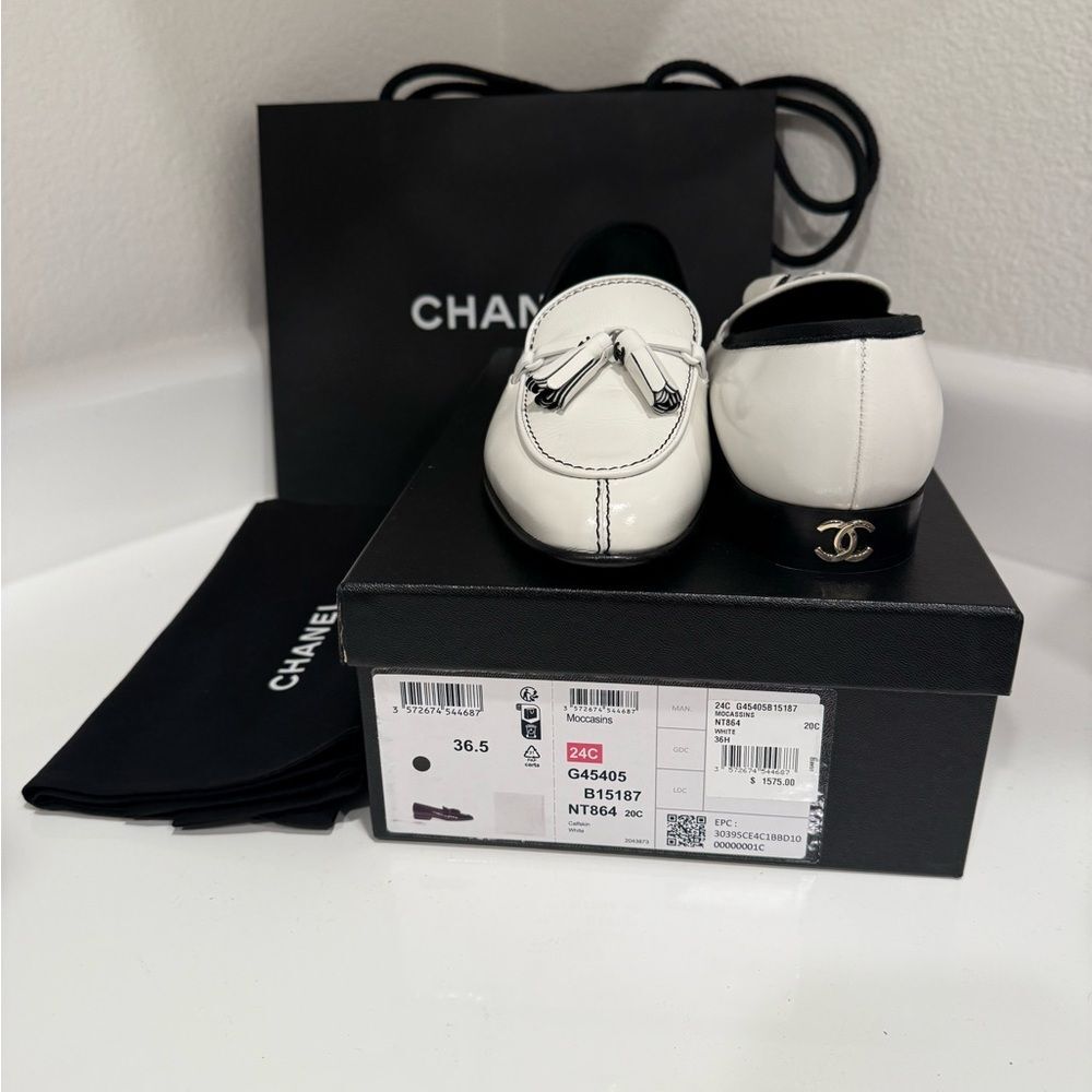 Chanel White Calfskin Moccasins, style G45405B15187, Sz 36.5 C, NWB, MSRP $1575